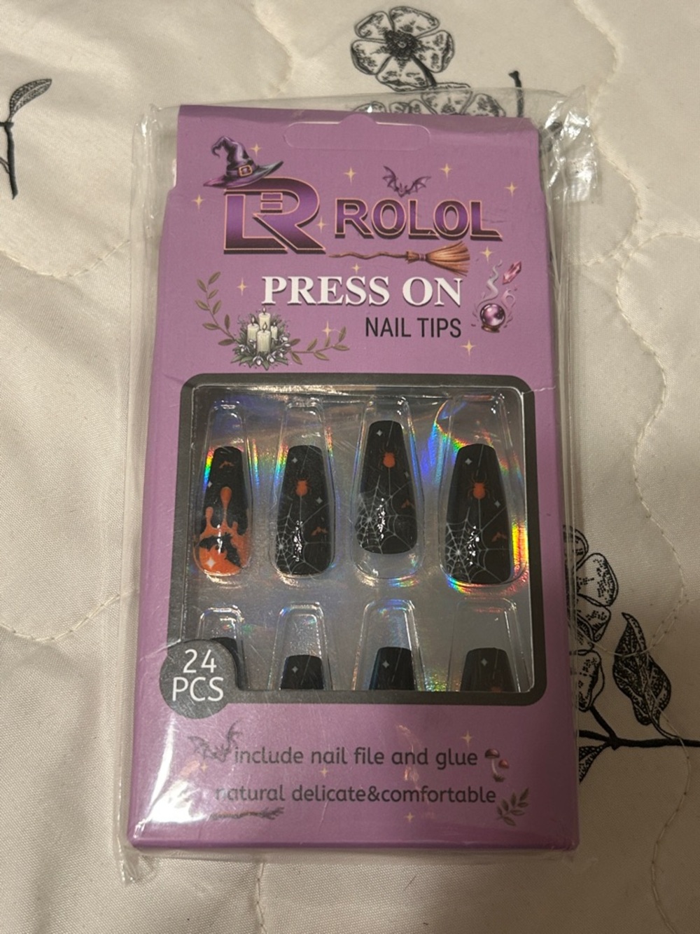ROLOL Press On Nail Tips - Black Halloween Pumpkin & Spiderweb Design New 24pcs